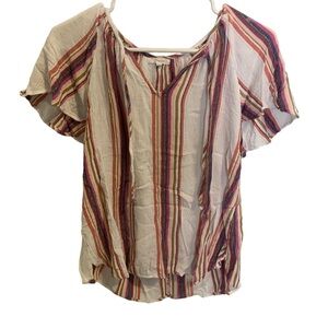 💛 Maurice Striped Ruffle Sleeve Blouse | Pink Blue Gold White | Women's XL